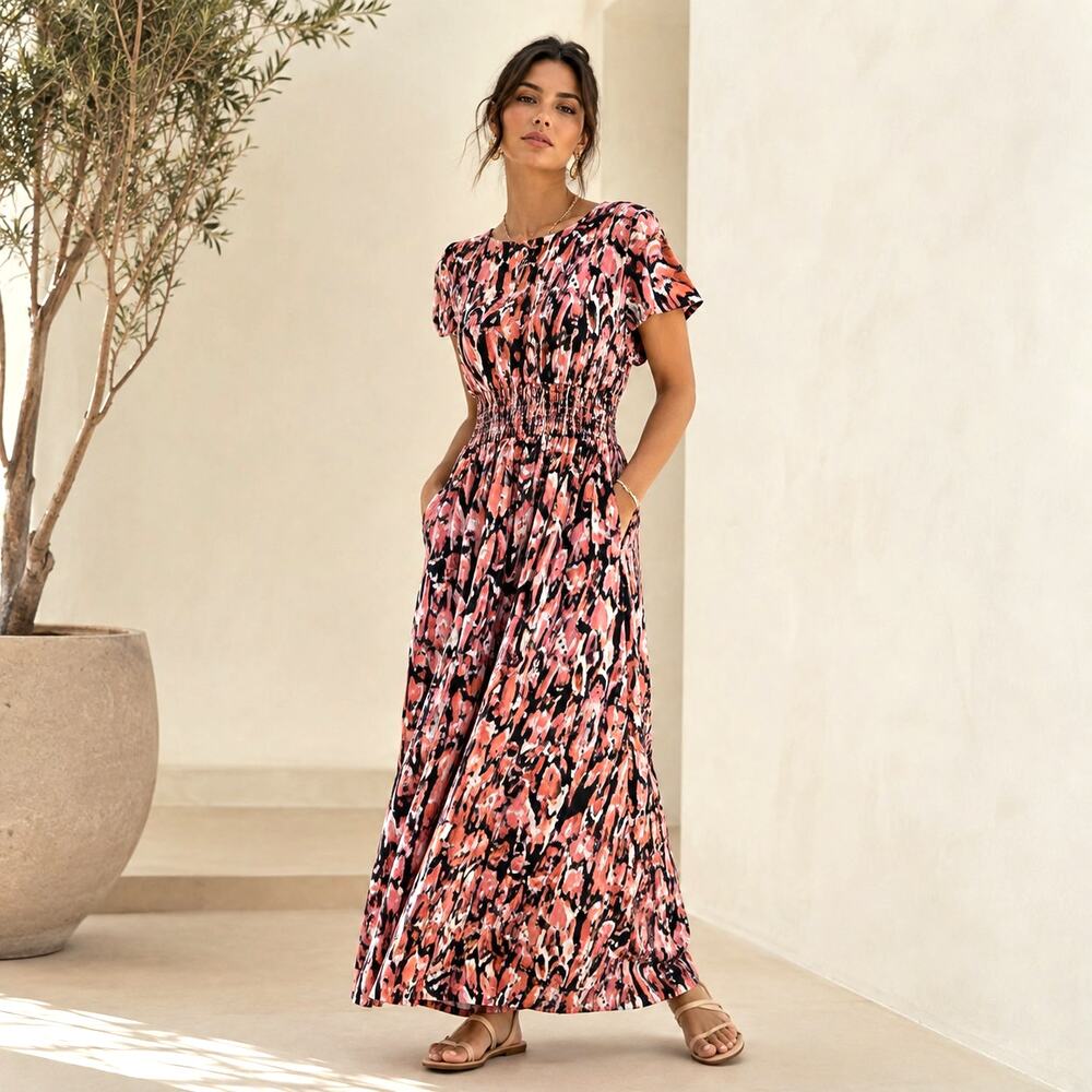 Everlane Abstract Print Smocked Waist Maxi Dress Pink Black Pockets XS New